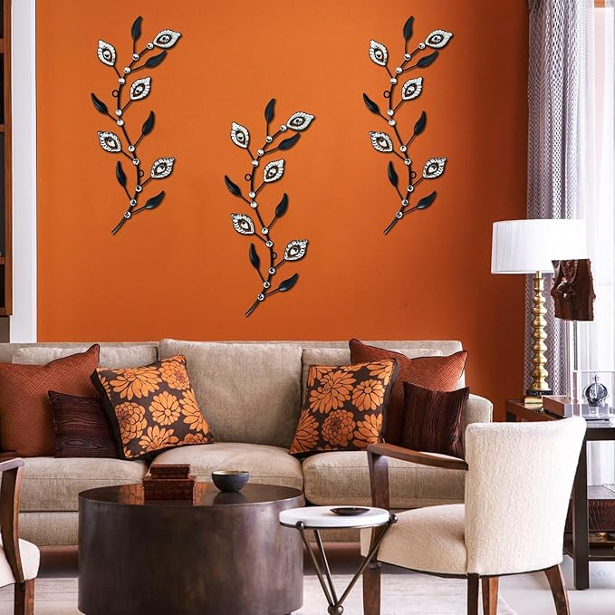 Cityelf 3 Set Crystal Leaf Wall Art Sculpture Iron Tree Leaves Branch Hanging Wall Décor Jeweled Bling Home Deor Acrylic Diamond Accent …
