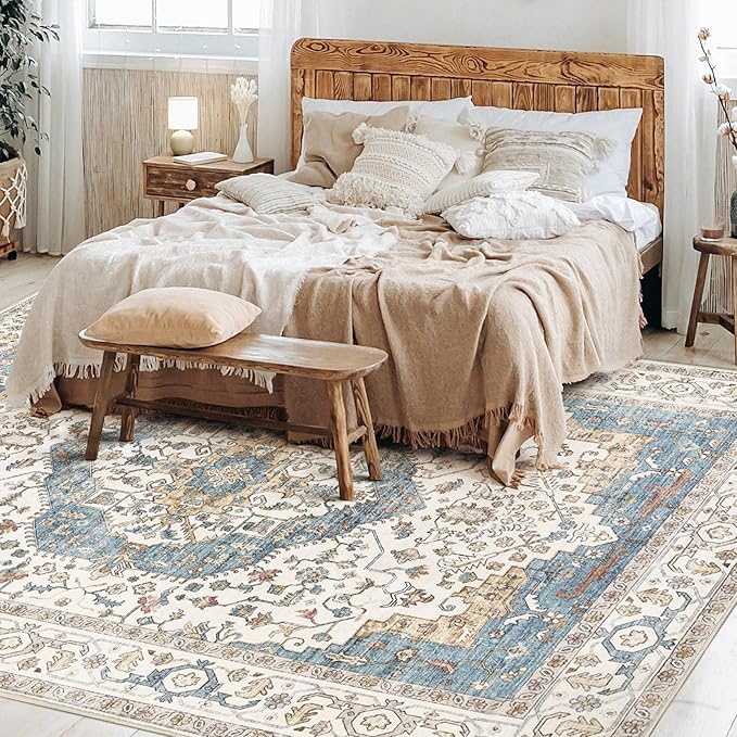 Area Rug for Living Room - 8x10 Soft Washable Oriental Vintage Floral Distressed Large Carpet - Fade Stain Resistant Non Slip Rugs for Bedroom Dining Room Nursery Dorm Office Home Decor - Blue/Beige