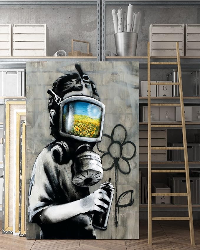 Yatsen Bridge Banksy Wall Art Canvas, Sunflower Mask Boy Picture, Graffiti Poster and Print Modern Pop Street Graffiti Home Decorations Ready to Hang - 28x44 inch