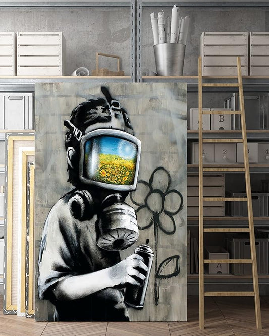 Yatsen Bridge Banksy Wall Art Canvas, Sunflower Mask Boy Picture, Graffiti Poster and Print Modern Pop Street Graffiti Home Decorations Ready to Hang - 28x44 inch