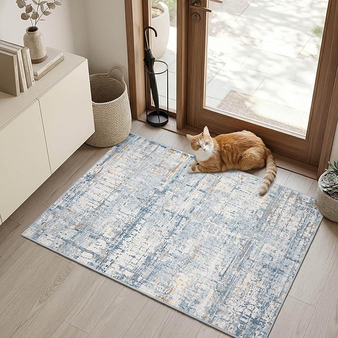 Rugxara 2x3 Entryway Rug,Door Mat Indoor Entrance, Washable Non Slip Kitchen Bathroom Rugs, Ultra-Thin Throw Small Rug for Front Door, Blue Beige