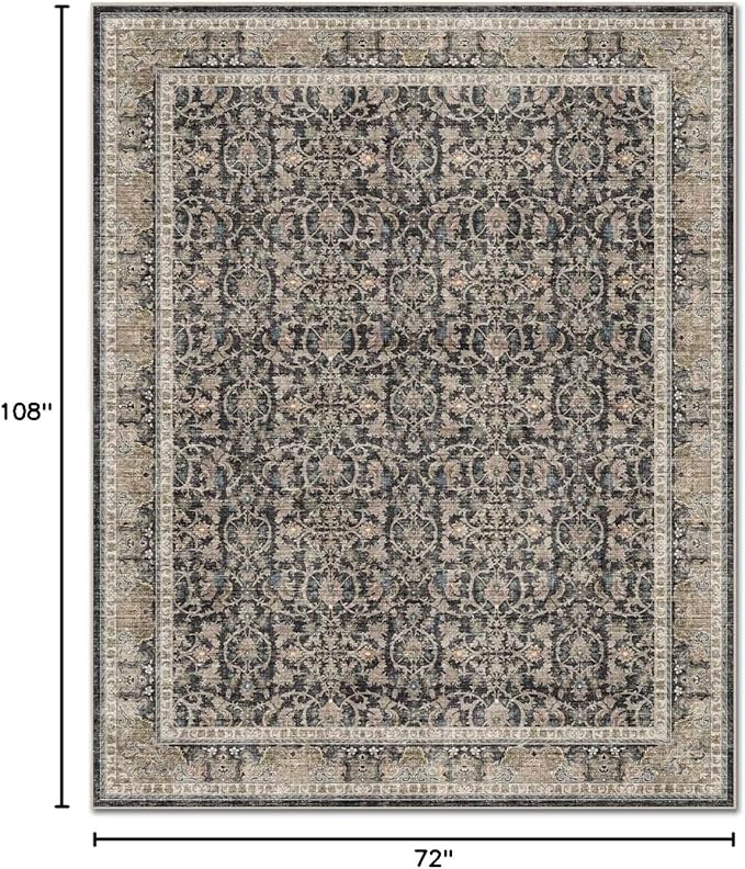 Washable 6x9 Area Rugs for Living Room, Boho Non-Slip Vintage Distress Large Rugs for Bedroom Dining Room Nursery Office, 0.3" Neutral Oriental Throw Thin Carpet, Black/Blue/Multi,A1
