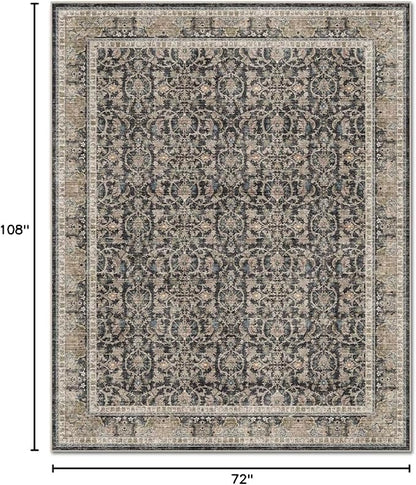 Washable 6x9 Area Rugs for Living Room, Boho Non-Slip Vintage Distress Large Rugs for Bedroom Dining Room Nursery Office, 0.3" Neutral Oriental Throw Thin Carpet, Black/Blue/Multi,A1