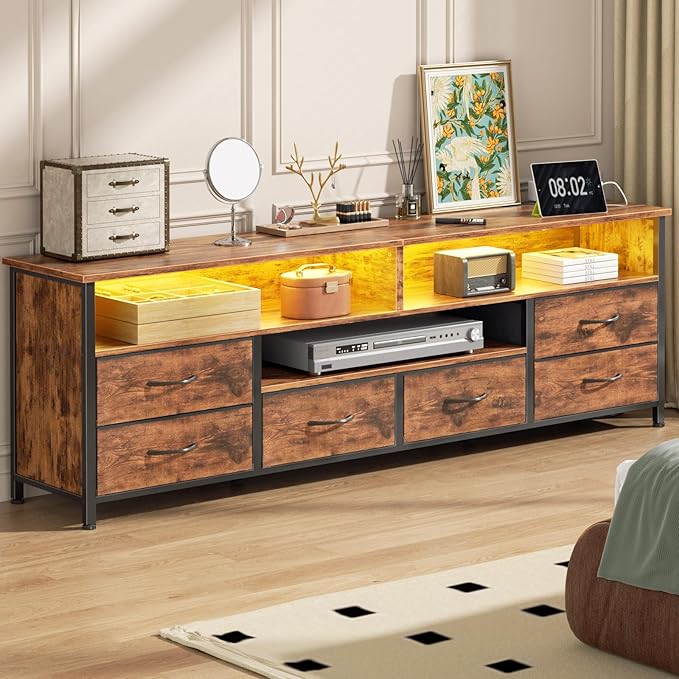 Furologee 63 Inch Entertainment Center,TV Stand for Bedroom for 65 70 Inch TVs, 6 Drawers Dresser with Power Outlets and LED Lights, Media Console for Living Room, Rustic Brown