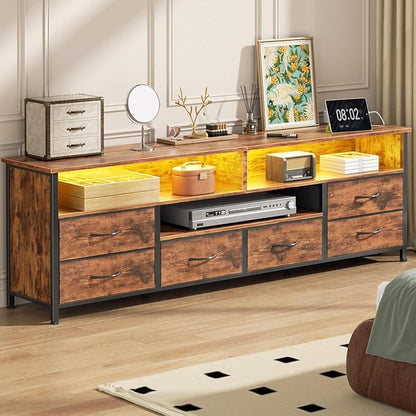 Furologee 63 Inch Entertainment Center,TV Stand for Bedroom for 65 70 Inch TVs, 6 Drawers Dresser with Power Outlets and LED Lights, Media Console for Living Room, Rustic Brown