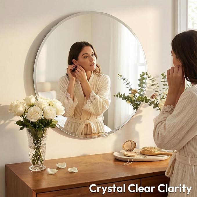 30 Inch Round Frameless Bathroom Mirror with Solid Backing, Beveled Edge Circle Vanity Mirror for Over Sink, Large Wall Mirror for Entryway Fireplace