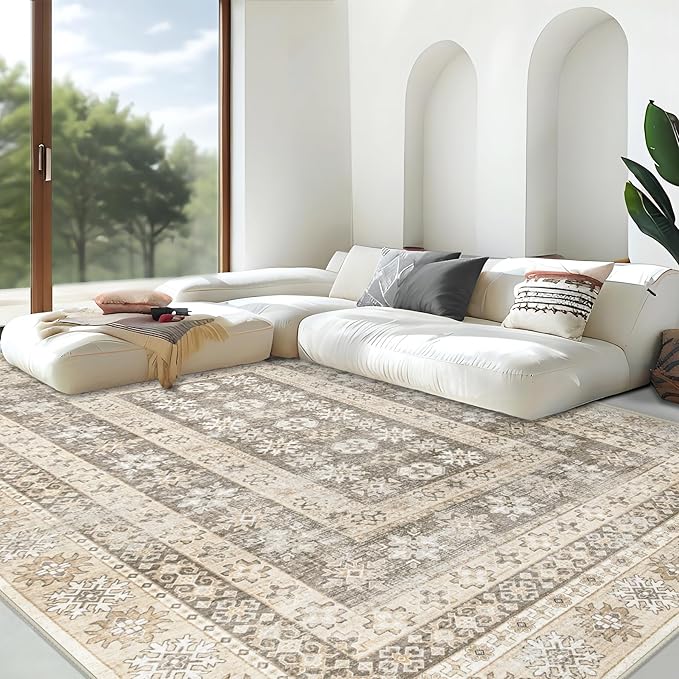 Area Rug Living Room Rugs 8x10 - Large Soft Boho Floral Rug, Non-Slip Foldable Washable Rugs Non Shedding Morden Indoor Floor Carpet for Living Room Bedroom Office Dining Room(FloralBrown, 8'x10')