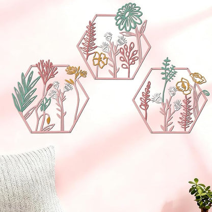 Peryiter 3 Pcs Metal Flower Wall Decor Minimalist Floral Wall Hanging Decor Metal Flower Rustic Floral Art for Spring Living Room Bathroom Kitchen Indoor Outdoor(Pink)