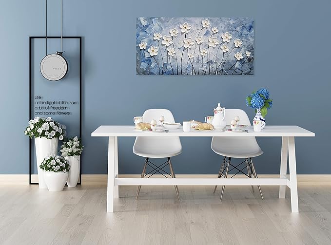 YHSKY ARTS Floral Canvas Wall Art Hand Painted Blue and White Heavy Textured Painting Modern Abstract Flower Pictures Contemporary Artwork for Living Room Bedroom Office Decoration