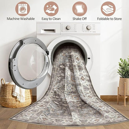 6x8 Area Rug Living Room: Washable Boho Large Neutral Vintage Soft Rug Stain Resistant Farmhouse Non-Slip Indoor Floor Carpet for Bedroom Nursery Kids Office Dining Room Playroom- Grey Brown