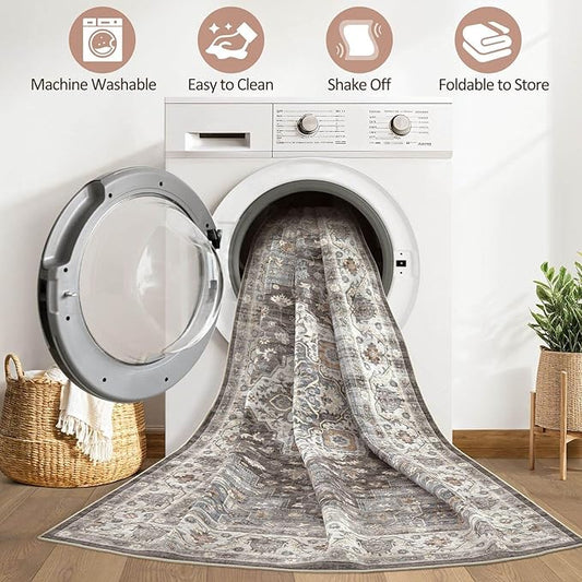 5x8 Area Rug Living Room: Washable Boho Large Neutral Vintage Soft Rug Stain Resistant Farmhouse Non-Slip Indoor Floor Carpet for Bedroom Nursery Kids Office Dining Room Playroom- Grey Brown