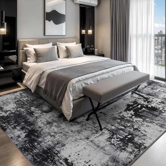 Rugflix 5x8 Area Rugs for Living Room, Washable Large Rug Stain-Resistant Low Pile, Modern Dark Carpet for Dining Room Home Office Kid Room Nursery Bedroom, Black Grey