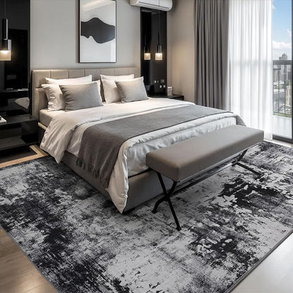 Rugflix 5x7 Area Rugs for Living Room, Washable Large Rug Stain-Resistant Low Pile, Modern Dark Carpet for Dining Room Home Office Kid Room Nursery Bedroom, Black Grey