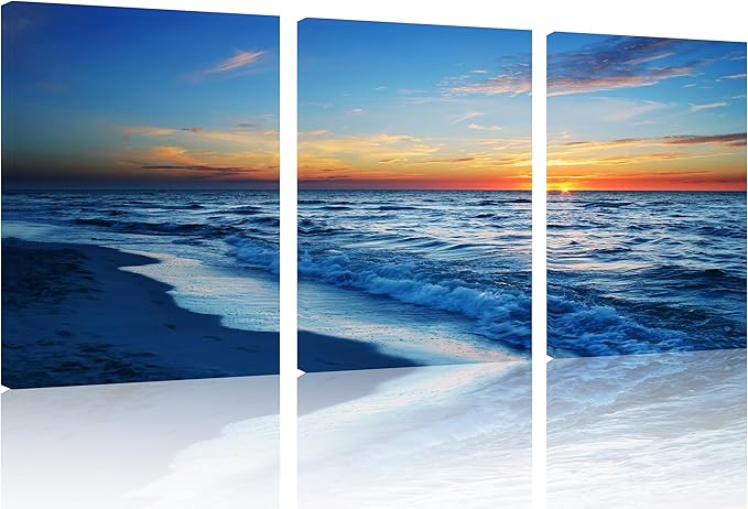 TutuBeer 3 Panels Beach Pictures Wall Art Beach Canvas Wall Art Blue Ocean at Sunrise Picture Print on Canvas Sea Artwork for Walls Seascape Pictures for Home Decor Ready to Hang 12x24inchx3