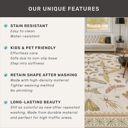 Floral 4x6 Rugs for Small Living Room - Beige and Yellow Pastel, Low Pile Non Slip Stain Resistant Throw Rug for Under Bed, Large Entryway, Kitchen, Floor Carpet Aesthetic Kids