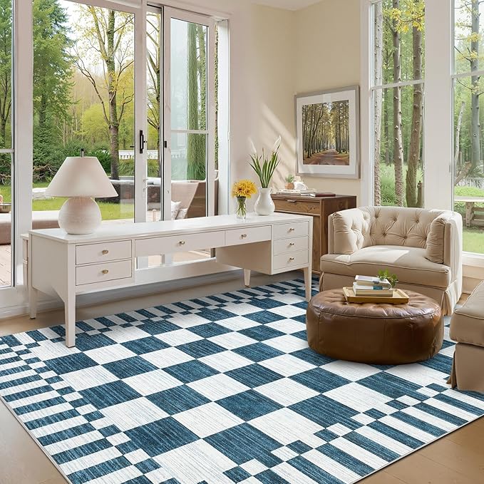 GarveeHome 8×10 Area Rugs for Living Room,Blue and White Checkered Rug, Non-Slip Washable Rugs 8x10,Soft Low-Pile Farmhouse Geometric Modern Rugs for Bedroom Dining Room