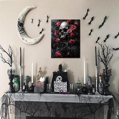 Gothic Canvas Wall Art Set of 3, Romantic Rose Halloween Wall Decor Paintings, Dark Goth Crow Skull Posters Prints for Bathroom Living Room Gallery Home Decor 16x24In Framed