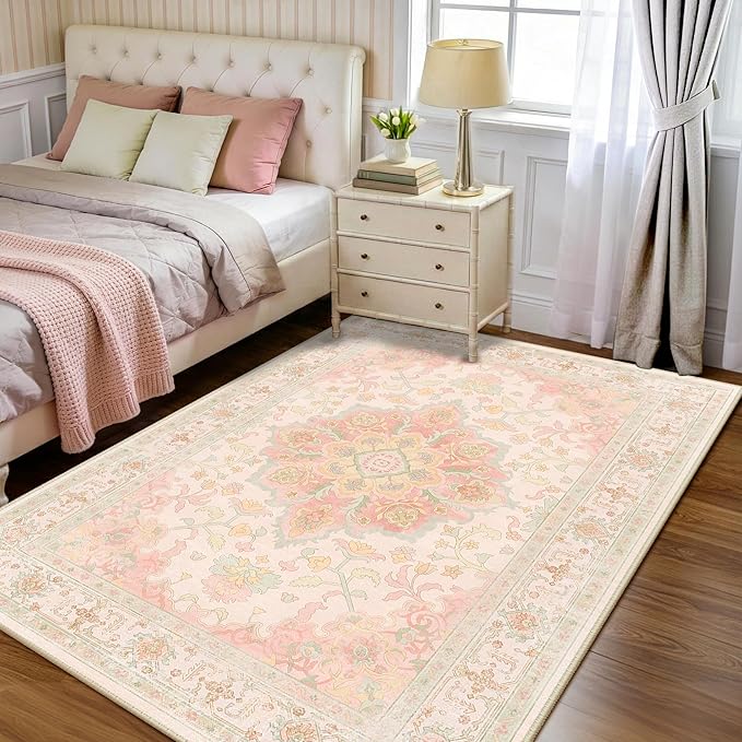 CAPALOCA Machine Washable Rugs Nursery Rug 4x6 Cute Girl Non Slip Low Pile Water Repellent Soft Print Pattern for Bedroom Indoor Decor Kids Playroom Pink Green