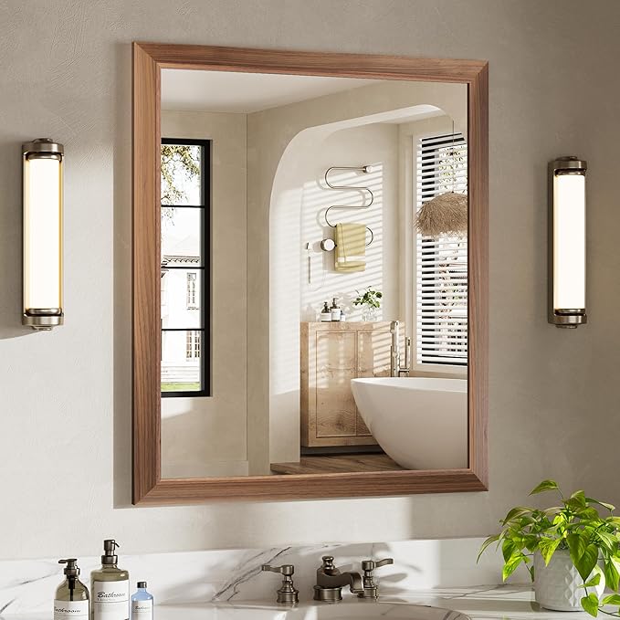 36x30 Inch Bathroom Mirror for Wall, Anti-Rust Walnut Wood Grain Metal Framed Bathroom Mirrors for Over Sink,Rectangler Mirrors for Bathroom Vanity, Farmhouse, Bedroom, Living Room, Entryway Decor