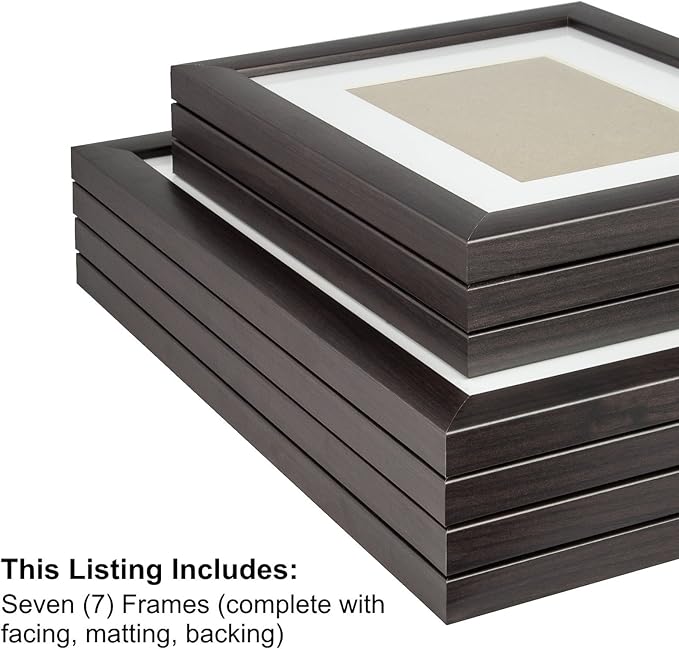 Craig Frames 7-Piece Wall Frame Set – Dark Brown 1-Inch MDF Moulding, Wood Grain Finish, Includes White Display Mats and Hanging Hardware – Photo Collage Gallery Display