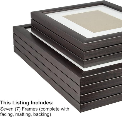 Craig Frames 7-Piece Wall Frame Set – Dark Brown 1-Inch MDF Moulding, Wood Grain Finish, Includes White Display Mats and Hanging Hardware – Photo Collage Gallery Display