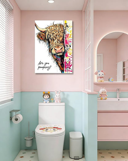 Funny Highland Cow Bathroom Wall Art, Are You Pooping? Graffiti Pop Art Canvas Prints, 16x24 Inch Framed Humorous Farmhouse Bathroom Decor, Colorful Cow Picture for Toilet Washroom Powder Room