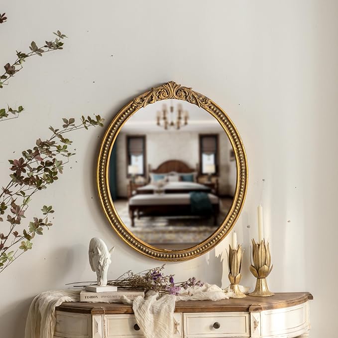 ZIYOO Vintage Ornate Oval Wall Mirror, Baroque Gold Framed Decorative Mirror, Ornate Antique Accent Mirror for Living Room, Bedroom, Entryway, Vanity 26"x31"