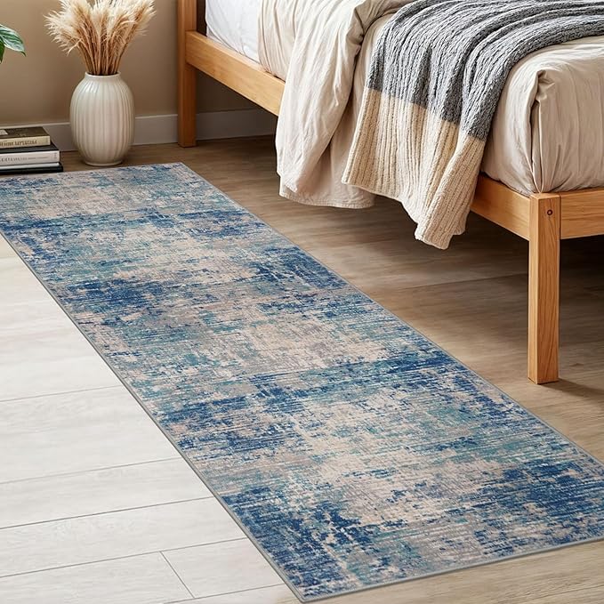 KILOCOCO Modern Abstract Runner Rug 2x6 ft Washable Hallway Runner Rug Non Slip Soft Pinted Kitchen Runners for Hallways Entryway Bedside Laundry Room Floor Runners, Blue/Grey/Beige