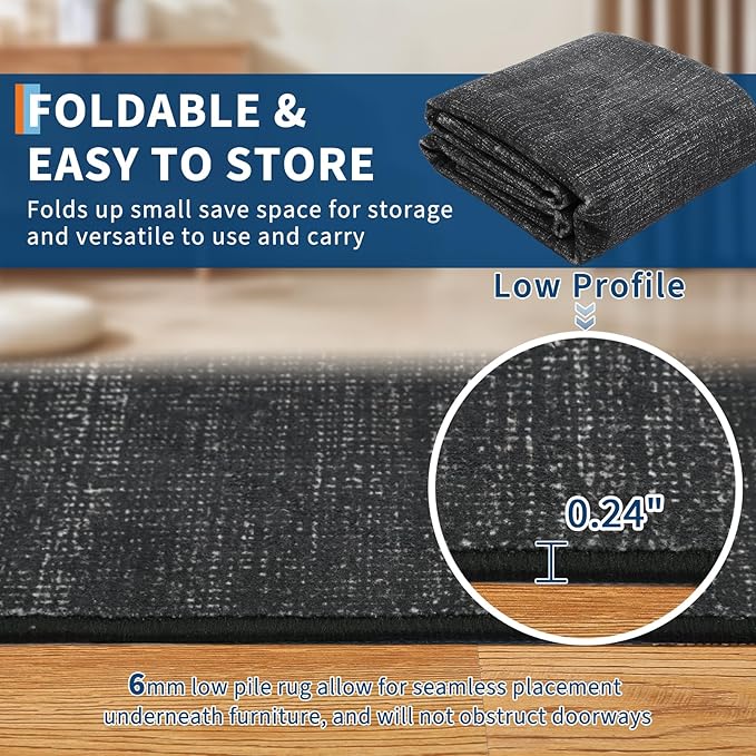 5x7 Washable Rugs Non Slip Minimalist Area Rug for Bedroom Soft Low Pile Solid Color Large Bedroom Throw Carpet Stain Resistant Classic Neutral Area Rug Plain Boho Rugs for Kitchen Nursery, Black
