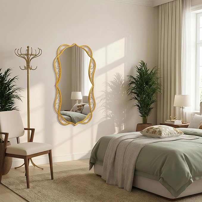 Besdomus Bathroom Gold Wall Mirror: 30"x48" Scalloped Modern Large Wall Mounted Mirror - Farmhouse Vanity Mirror Vertical or Horizontal Hanging - Home Decor for Bathroom/Living Room/Hallway
