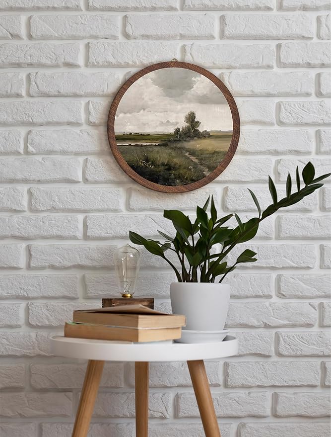 Rustic Landscape Hanging Wall Decor, Vintage Rustic Cottage Landscape Round Wooden Wall Art, Countryside Farmhouse Western Retro Decorations for Apartment Home Living Room Bedroom Bathroom Office, 12