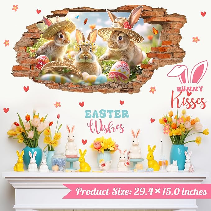 Easter Wall Decals Easter Decoration Stickers Bunny Wall Decals Peel and Stick Broken Wall Spring Landscape Wall Sticker Rabbits Vinyl Decal Art Murals for Home Living Room Kitchen Holiday Supplies