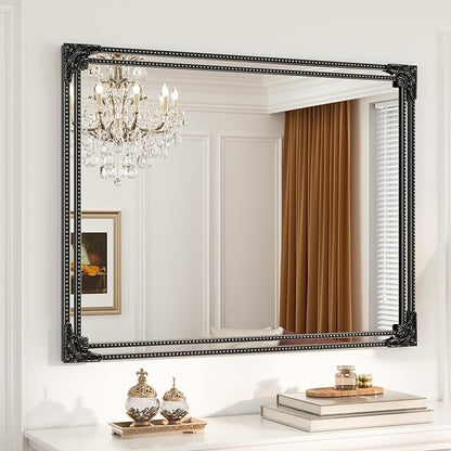 Keonjin Black Vintage Mirror 40 x 30 Inch, Antique Mirrors Rectangle, Traditional Mantel Decoration, Baroque Style Wall Decor for Hallway, Fireplace, Entryway, Living Room, Anti-Rust, Waterproof