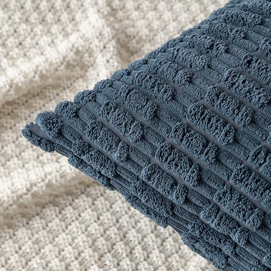 MIULEE Pack of 2 Corduroy Decorative Lumbar Throw Pillow Covers 20x12 Inch Soft Boho Striped Pillow Covers Modern Farmhouse Home Decor for Summer Coastal Sofa Living Room Couch Bed Blue