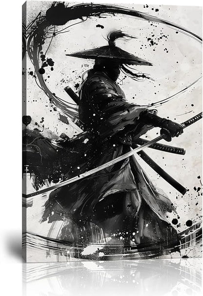 Japanese Samurai Wall Art Black and White Warrior Wall Decor Prints Vintage Japanese Cultural Samurai Pictures Canvas Painting Framed for Living Room Bathroom Bedroom Office (24''W x 36''H)