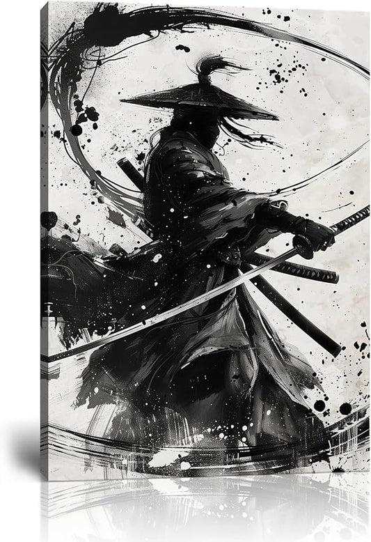 Japanese Samurai Wall Art Black and White Warrior Wall Decor Prints Vintage Japanese Cultural Samurai Pictures Canvas Painting Framed for Living Room Bathroom Bedroom Office (12''W x 16''H)