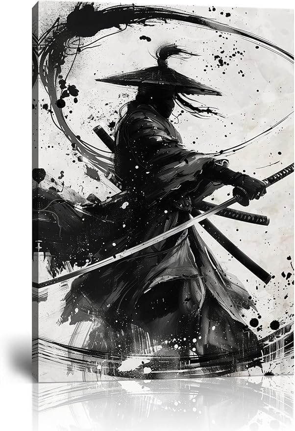 Japanese Samurai Wall Art Black and White Warrior Wall Decor Prints Vintage Japanese Cultural Samurai Pictures Canvas Painting Framed for Living Room Bathroom Bedroom Office (28''W x 44''H)
