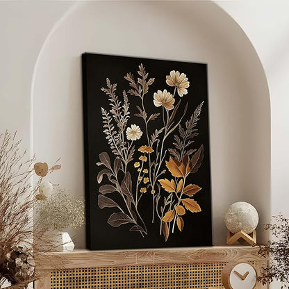 Vintage Black Flower Wall Art Decor Set of 3, Beautiful Wildflower Botanical Canvas Prints, Dark Academia Fall Floral Poster Painting Picture for Bedroom Living Room 12x16 Inch Framed