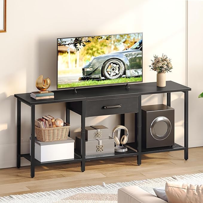 HOOBRO TV Stand for TVs up to 55 Inch, Entertainment Center with Fabric Drawer & Open Shelves, Industrial TV Media Console Table with Storage, for Living Room, Bedroom, Black BB125DS01