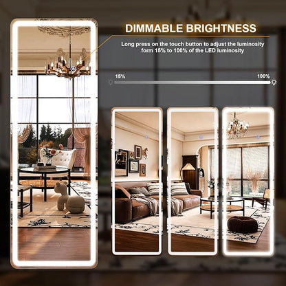 Easly 26x68 inch Full Length Mirror with Lights, LED Lighted Floor Standing, Hanging Mirror Full Length with Stand Free, Full Body Dressing Mirrors with Dimmable 3 Color LED