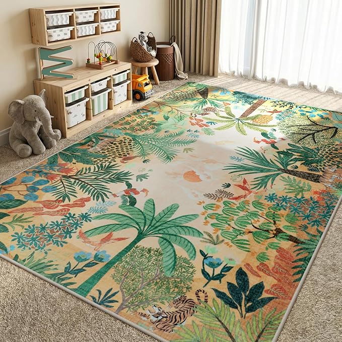 LIVEBOX Large 9x12 Forest Area Rug for Living Room, Soft Washable Sun Yellow Rugs for Bedroom, Non Slip Ultra Thin Floor Carpet Jungle Animal Print Rugs for Dining Room