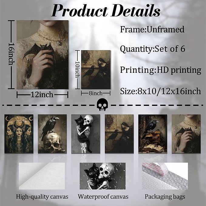 XYHYRA Vintage Gothic Wall Art Set of 6, Dark Academia Witchy Posters, Victorian Raven & Skull Prints, Halloween Home Decor for Living Room Bedroom Bathroom 12x16 Inch Unframed