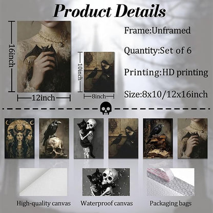 XYHYRA Vintage Gothic Wall Art Set of 6, Dark Academia Witchy Posters, Victorian Raven & Skull Prints, Halloween Home Decor for Living Room Bedroom Bathroom 12x16 Inch Unframed