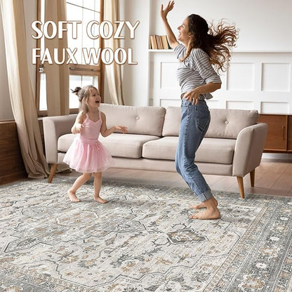 6x8 Area Rugs Living Room: Washable Boho Large Neutral Vintage Soft Rug Stain Resistant Distressed Farmhouse Non-Slip Indoor Floor Carpet for Bedroom Nursery Kids Office Dining Room- Taupe