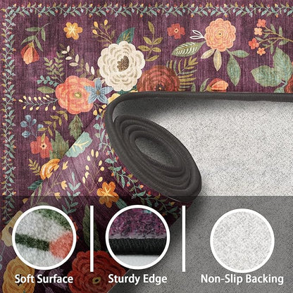Rug for Hallways Kitchen Rug 3x7, Non Slip Washable Runner Rugs with Rubber Backing Soft Floral Carpet for Hallways, Kitchen, Laundry, Bedroom, Bathroom (3 x 7, Purple)
