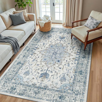 RELEANY Area Rugs 5'x8' Washable Non-Slip, Floral Vintage Distress Print Pattern Medallion Carpet for Living Room Bedroom Dining Room, Light Blue Navy Beige Gray White