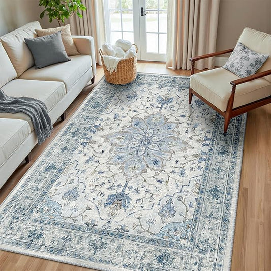 RELEANY Area Rugs 5'x8' Washable Non-Slip, Floral Vintage Distress Print Pattern Medallion Carpet for Living Room Bedroom Dining Room, Light Blue Navy Beige Gray White