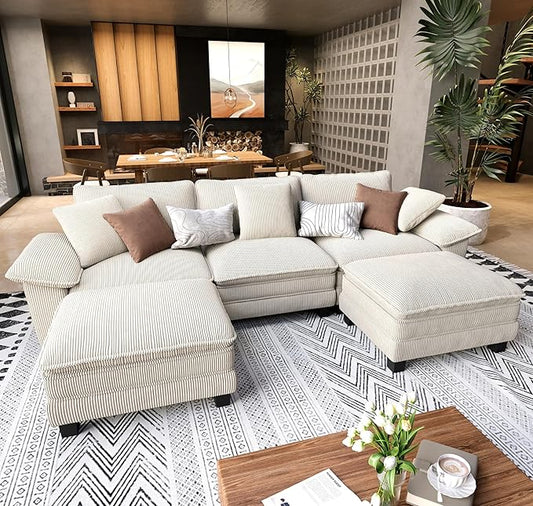 SUNSHINE VALLEY U Shaped Modular Cloud Couch, 123.6'' Comfy Corduroy Sectional Sofa with Wider Armrest and Ottoman, Upholstered 5-Seat Modern Deep Seat for Bedroom Living Room, Beige