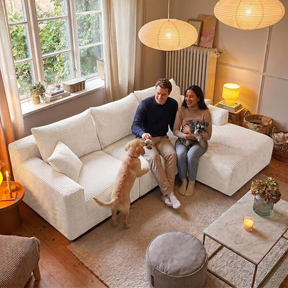 Homkdom L-Shaped Cloud Boneless Couch with Deep Seat, Modular Sectional Sofa with Oversized Chaise, 6 Layouts Combination for Living Room, Apartment, No Assembly (White, Right Chaise)