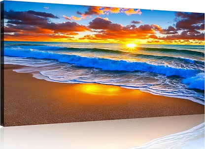TutuBeer 1 Panel Beach Pictures Blue Sea White Beach at Sunrise Picture Print on Canvas Ocean Pictures Wall Decor Ocean Canvas Art Seascape Wall Art Stretched and Framed 12x24 inch